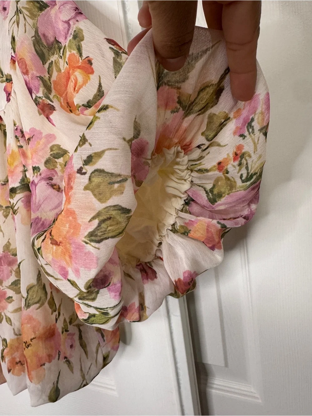 Anthropologie Cream Floral Puff-Sleeve Peasant Top with Pink & Peach Flowers